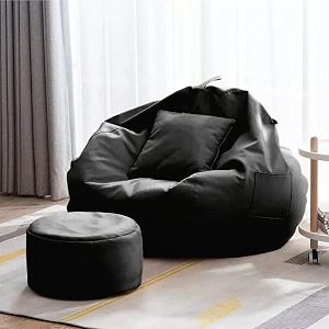4xl bean bag with footstool amp cushion ready to use filled with beans  faux leather bean bag chair for home black xxxl