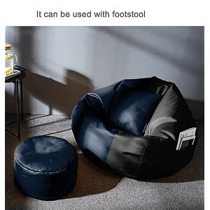 4xl bean bag with footstool amp cushion ready to use filled with beans  faux leather bean bag chair for home navy blue amp black xxxxl