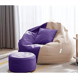 4xl bean bag with footstool amp cushion ready to use filled with beans  faux leather bean bag chair for home cream amp purple xxxxl