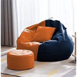 4xl bean bag with footstool amp cushion ready to use filled with beans  faux leather bean bag chair for home orange amp navy blue xxxl