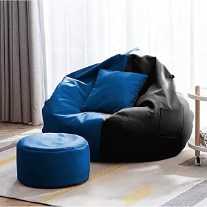 4xl bean bag with footstool amp cushion ready to use filled with beans  faux leather bean bag chair for home royal blue amp black 4xl