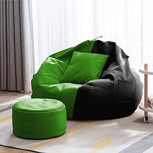 4xl bean bag with footstool amp cushion ready to use filled with beans  faux leather bean bag chair for home green amp black 3xl