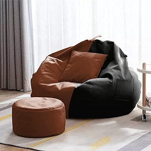 4xl bean bag with footstool amp cushion ready to use filled with beans  faux leather bean bag chair for home black amp tan 3xl