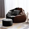 4XL Bean Bag with Footstool &amp; Cushion Ready to Use Filled with Beans | Faux Leather Bean Bag Chair for Home (Black &amp; Brown, 4XL)