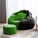 4XL Bean Bag with Footstool &amp; Cushion Ready to Use Filled with Beans | Faux Leather Bean Bag Chair for Home (Green &amp; Black, 4XL)
