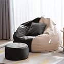 4XL Bean Bag with Footstool &amp; Cushion Ready to Use Filled with Beans | Faux Leather Bean Bag Chair for Home (Cream &amp; Black, 3XL)