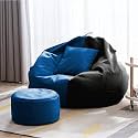4XL Bean Bag with Footstool &amp; Cushion Ready to Use Filled with Beans | Faux Leather Bean Bag Chair for Home (Royal Blue &amp; Black, XXXL)