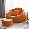 4XL Bean Bag with Footstool &amp; Cushion Ready to Use Filled with Beans | Faux Leather Bean Bag Chair for Home (Orange, 4XL)
