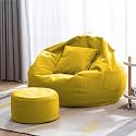 4XL Bean Bag with Footstool &amp; Cushion Ready to Use Filled with Beans | Faux Leather Bean Bag Chair for Home (Yellow, XXXL)