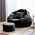 4XL Bean Bag with Footstool &amp; Cushion Ready to Use Filled with Beans | Faux Leather Bean Bag Chair for Home (Black, XXXL)