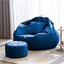 4XL Bean Bag with Footstool &amp; Cushion Ready to Use Filled with Beans | Faux Leather Bean Bag Chair for Home (Royal Blue, XXXL)