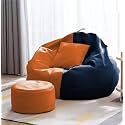 4XL Bean Bag with Footstool &amp; Cushion Ready to Use Filled with Beans | Faux Leather Bean Bag Chair for Home (Orange &amp; Navy Blue, XXXXL)