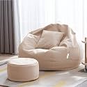 4XL Bean Bag with Footstool &amp; Cushion Ready to Use Filled with Beans | Faux Leather Bean Bag Chair for Home (Cream, 3XL)