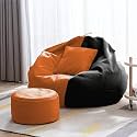 4XL Bean Bag with Footstool &amp; Cushion Ready to Use Filled with Beans | Faux Leather Bean Bag Chair for Home (Orange &amp; Black, XXXL)