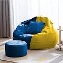 4XL Bean Bag with Footstool &amp; Cushion Ready to Use Filled with Beans | Faux Leather Bean Bag Chair for Home (Yellow &amp; Blue, 4XL)