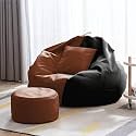4XL Bean Bag with Footstool &amp; Cushion Ready to Use Filled with Beans | Faux Leather Bean Bag Chair for Home (Black &amp; Tan, 3XL)