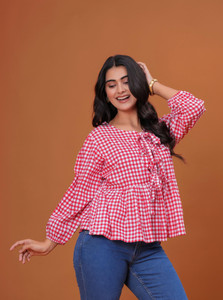 GIGNAR Casual Checkered Women Red White Top