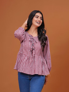 GIGNAR Casual Checkered Women Red White Top