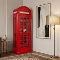Giles Vintage Telephone Booth Bar Cabinet – Solid Mango Wooden Wine Storage Cabinet with Glass Holder & Bottle Rack, Freestanding Liquor Bar Unit, Transparent Glass Door (Red Finish)