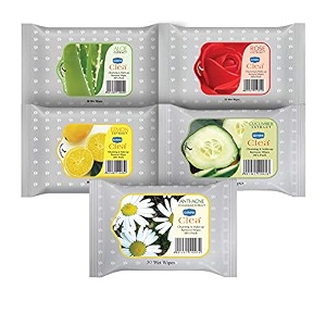 ginni clea cleansing amp makeup remover wet wipes  hydrating amp moisturizing for face  rose lemon aloe vera cucumber anti-acne  effortlessly removes makeup  pack of 5 30 wipes each