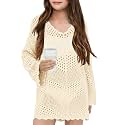Girl Cover Up Crochet Swimwear V Neck Knit Long Sleeves Summer Beachwear Cover Tops