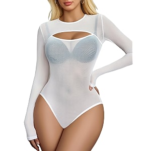 girlfriend mesh bodysuit for women long sleeve body suit sexy tops cut out leotard see through shirts sheer rave outfits