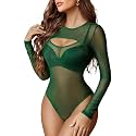 GirlFriend Mesh Bodysuit for Women Long Sleeve Body Suit Sexy Tops Cut Out Leotard See Through Shirts Sheer Rave Outfits