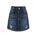 Girls' Denim Skirt Elastic Waist A-Line Knee Length Ripped Casual Jean Skirts with Pockets 4-13Y