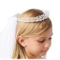 Girls' White Pearl Rhinestone Center Floral Crown First Communion Flower Girl Head Wreath with Veil