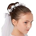 Girls' White Pearl Rhinestone Center Floral Crown First Communion Flower Girl Head Wreath with Veil