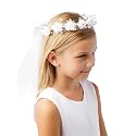 Girls' White Pearl Rhinestone Center Floral Crown First Communion Flower Girl Head Wreath with Veil