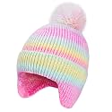 Girls Beanie Knit Hat with Ear Flaps Rainbow Cat Hats Toddler Kids Winter Outdoor Skull Snow Ski Cap Age 2-10