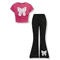 Girls Clothes 2 Piece Short Sleeve Lace Bow Print Tops Flared Pants Set Little Girl Outfits Size 7-14