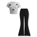 Girls Clothes 2 Piece Short Sleeve Lace Bow Print Tops Flared Pants Set Little Girl Outfits Size 7-14