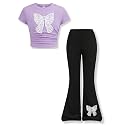 Girls Clothes 2 Piece Short Sleeve Lace Bow Print Tops Flared Pants Set Little Girl Outfits Size 7-14