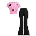 Girls Clothes 2 Piece Short Sleeve Lace Bow Print Tops Flared Pants Set Little Girl Outfits Size 7-14