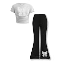Girls Clothes 2 Piece Short Sleeve Lace Bow Print Tops Flared Pants Set Little Girl Outfits Size 7-14