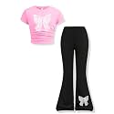 Girls Clothes 2 Piece Short Sleeve Lace Bow Print Tops Flared Pants Set Little Girl Outfits Size 7-14