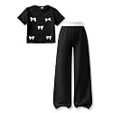 Girls Clothes 2 Piece Short Sleeve Lace Bow Print Tops Flared Pants Set Little Girl Outfits Size 7-14