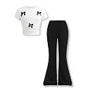Girls Clothes 2 Piece Short Sleeve Lace Bow Print Tops Flared Pants Set Little Girl Outfits Size 7-14
