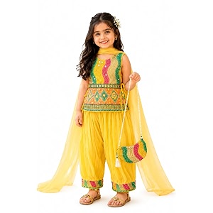 Girls Clothing Set Yellow Embroidered Salwar Suit