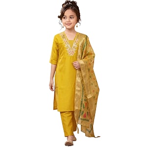 Girls Cotton Blend Embroidered Kurta Pant with