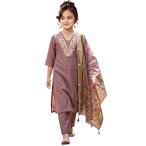 Girls Cotton Blend Embroidered Kurta Pant with
