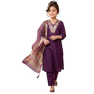 Girls Cotton Blend Embroidered Kurta Pant with