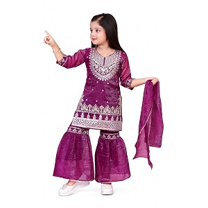 girls embroidered kurta plazo with dupatta set ethnic