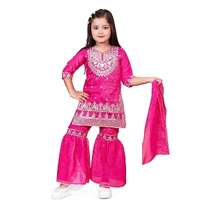 girls embroidered kurta plazo with dupatta set ethnic