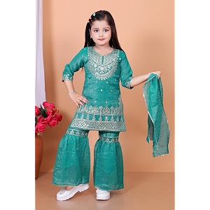 girls embroidered kurta plazo with dupatta set ethnic