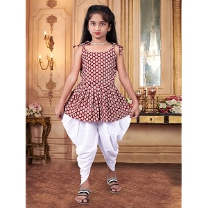 Girls Ethnic Printed Peplum Top and White
