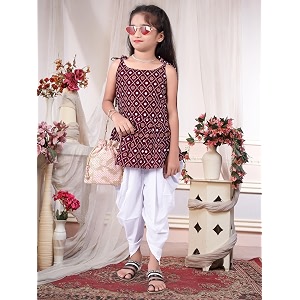 Girls Ethnic Printed Peplum Top and White