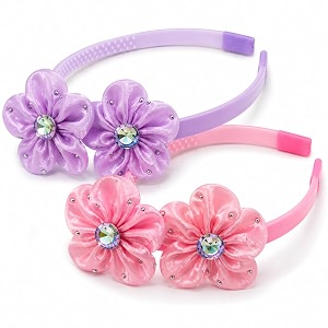 girls flower headband set of 2  flower hair band with rhinestone crystal center amp rhinestone accents  floral hair band for girls toddlers amp teens  assorted mixed colors  school party birthday amp everyday wear